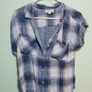 Plaid short sleeve cloth and stone blouse medium